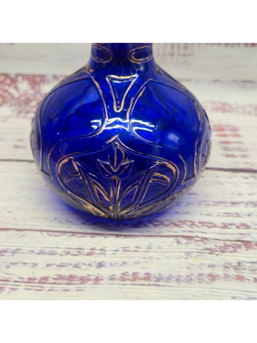 Vintage Cobalt Blue bohemian glass perfume bottle Hand-Painted Gold Floral - Picture 5 of 16